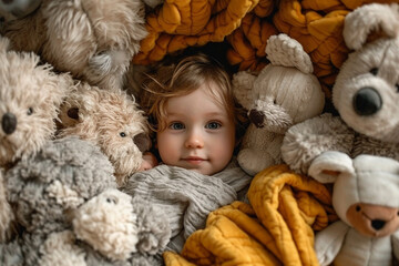 endearing photo featuring a child surrounded by a collection of minimalist soft toys, emphasizing the coziness and security of a cherished cuddle buddy. Minimalistic photo