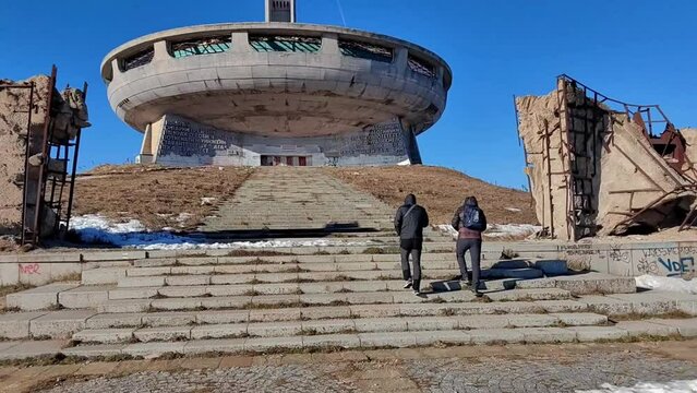 The Memorial House of the Bulgarian Communist Party sits on Buzludzha Peak. Abandoned communist building in the Balkan mountain