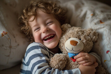 expressive photo capturing the laughter and delight of a child while cuddling with a whimsically designed soft toy, emphasizing the emotional connection between the child and their