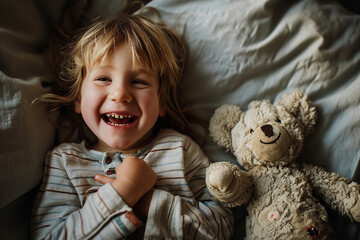 expressive photo capturing the laughter and delight of a child while cuddling with a whimsically designed soft toy, emphasizing the emotional connection between the child and their