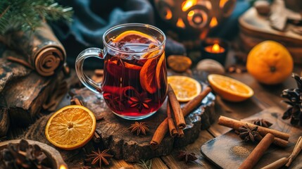 Obraz na płótnie Canvas Mulled Wine or Cider: A glass or pot of mulled wine or cider, infused with spices like cinnamon and star anise, surrounded by citrus slices and spices.
