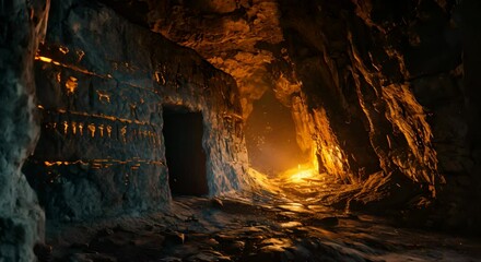 Cave with hieroglyphs on the wall and light piercing through an opening. The concept of ancient history and mysterious locations
