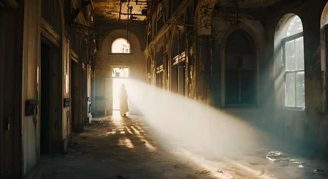 Ethereal figure in a lit corridor of an abandoned building. The concept of ghosts and paranormal phenomena.
