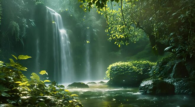 Waterfall in a tropical forest with floating fireflies. The concept of peaceful nature and purity.