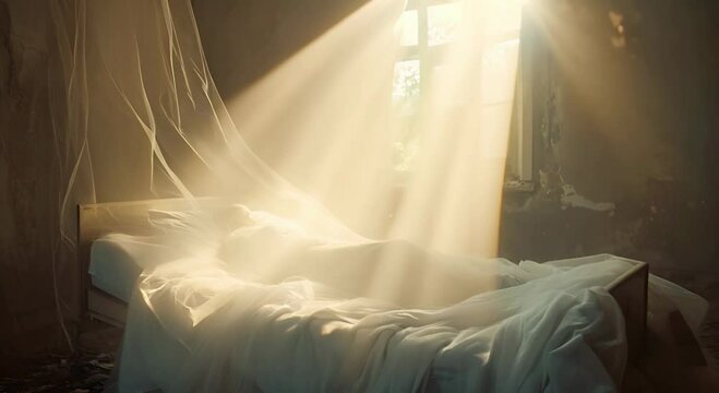 A person in bed with rays of light piercing through the window. The concept of awakening and a new beginning.