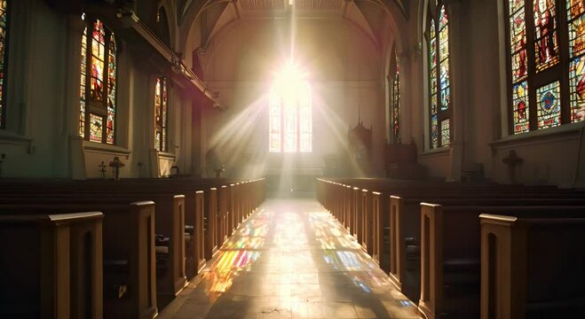 Colored church windows with rays of light shining through. The concept of faith and inspiration.
