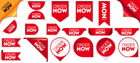 Order now red ribbons bookmark or banner corner vector illustration. Online shopping web banners, tags, flags and curved ribbon collection. - obrazy, fototapety, plakaty