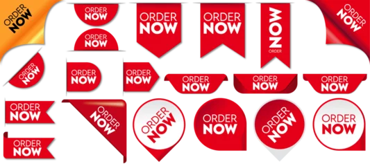 Foto op Canvas Order now red ribbons bookmark or banner corner vector illustration. Online shopping web banners, tags, flags and curved ribbon collection. © ShafiqGFX