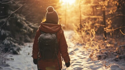 Outdoor Walk in Nature: A person taking a brisk walk in a winter landscape, wrapped up warmly, illustrating the importance of natural light and exercise for mood improvement - obrazy, fototapety, plakaty