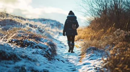 Fototapeten Outdoor Walk in Nature: A person taking a brisk walk in a winter landscape, wrapped up warmly, illustrating the importance of natural light and exercise for mood improvement © thesweetsheep