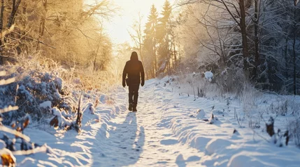 Tuinposter Outdoor Walk in Nature: A person taking a brisk walk in a winter landscape, wrapped up warmly, illustrating the importance of natural light and exercise for mood improvement © thesweetsheep