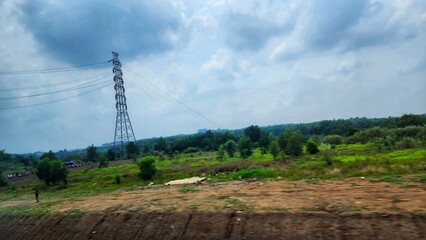 View from the car on the high-voltage power line.