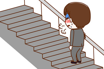 （全身斜め後ろ）階段を上っている途中で呼吸ができずとても苦しんでいる男子学生