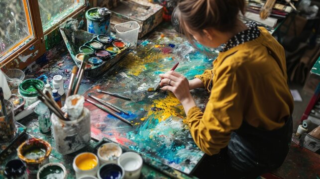 An artist working on a painting or a mixed media art project, surrounded by brushes, paints, canvases