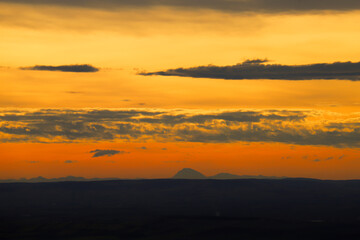 Alps seen from Brno, Czech Republic. Mountains far away during sunset.