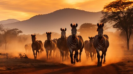 Fototapeta na wymiar Graceful zebras gallop through the breathtaking African desert, kicking up dust in the morning sun.