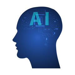 Artificial intelligence concept. Creative. Outline with circuit boards and binary data flowing on blue background.