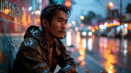 Young Asian man sitting on the street at night after rain.