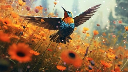 A painting of a long-beaked bird in a field of flower Ai Generative
