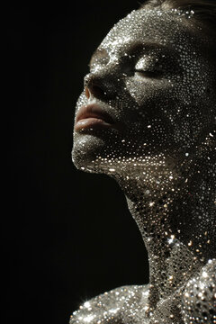 mannequin femme recouvert de diamants collé sur la peau, fond minimaliste et épuré, ambiance surréaliste et futuriste