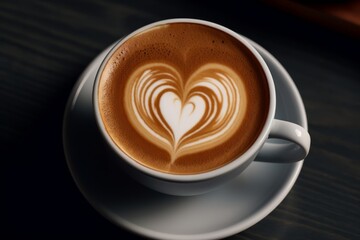 Close up white coffee cup with heart shape latte art foam