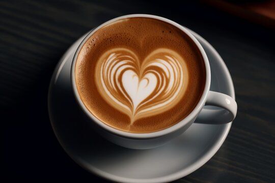 Close up white coffee cup with heart shape latte art foam