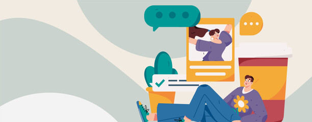 Naklejka premium Virtual characters social communication concept business flat vector hand drawn illustration 