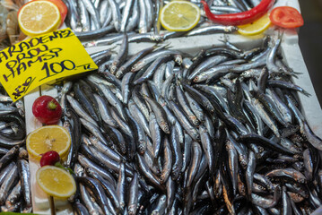 Fresh Turkish Black Sea Hamsi for sale, a type of anchovy fish popular in Turkey sold in the fish...