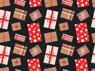 Seamless pattern with gifts, gift boxes, on a black background. Vector illustration for wrapping paper.