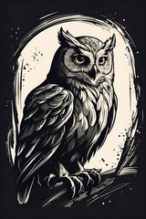 Black and white drawing of an owl for Telegram stickers