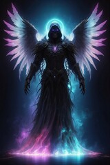Dark Angel in purple tones with wings in a hood