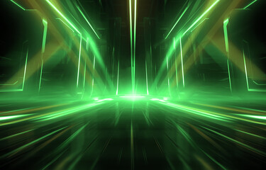 Empty background scene. Dark street reflection on background flyer. Rays of neon light in the dark, neon shapes, smoke. Background of an empty stage show. Abstract dark background