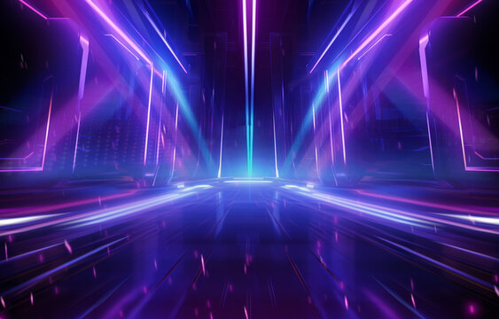 Empty background scene. Dark street reflection on background flyer. Rays of neon light in the dark, neon shapes, smoke. Background of an empty stage show. Abstract dark background