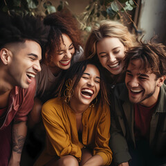 Obraz premium group of friends, Diverse group of friends laughing together, capturing the essence of genuine friendship and inclusivity
