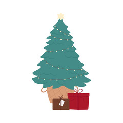 Christmas tree holiday with gifts. Home cozy xmas interior decorations cartoon vector illustration