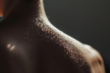 Sweaty human body. Beads of sweat on his shoulder and back.