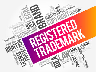 Registered Trademark - typographic symbol that provides notice that a trademark has been registered with a national trademark office, word cloud concept background