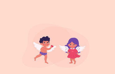 A cute cupid in purple underpants gives his heart to an angel. love and valentine's day symbol. little angels with wings on a pink background. Horizontal poster or banner. Place for text.