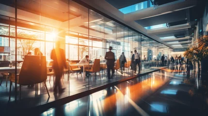 Foto op Canvas Time lapse of the interior of a modern business office with the reflection of the sun coming through the windows. Defocused office with people working in motion inside. Generative Ai  © lensofcolors
