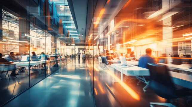Fast motion blurred background of modern business office interior. Unfocused office with people working. Generative Ai