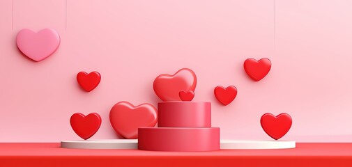 Love red heart with podium background. Pink background. clean.