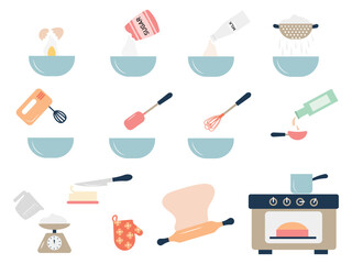Set of tools and ingredients for baking. Kitchen utensils, baking concept on a white background. Vector illustration
