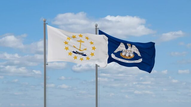 Louisiana and Rhode Island US state flags waving together on cloudy sky, endless seamless loop
