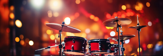 Close-up of drums set on festive background. Rock concert concept. Generative AI