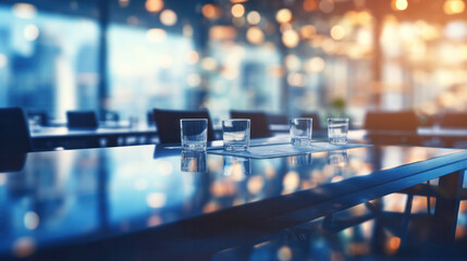 Modern workspace design with meeting boardroom with bokeh lights in the background. Interior decoration and business concept. AI generation.