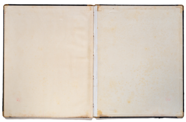 Blank inside double page of a antique ledger accounting book with fabric spine. Isolated on transparent background.

