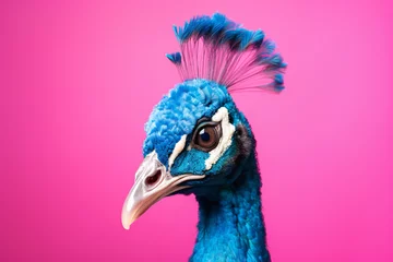  Head of peacock bird in front of pink studio background © Firn