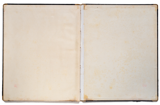 Blank inside double page of a antique ledger accounting book with fabric spine. Isolated on transparent background.
