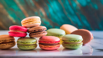 Fototapeta na wymiar Colorful natural macarons, soft and neutral background. Minimal concepts falling macaroons pattern above, food background. Food concept. Multicolored Macaroons. A beautiful French dessert..