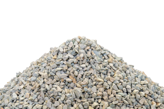 Crushed stones of the valuable mineral zeolite. Small pebble fragments are piled in a cone-shaped heap. Isolated.